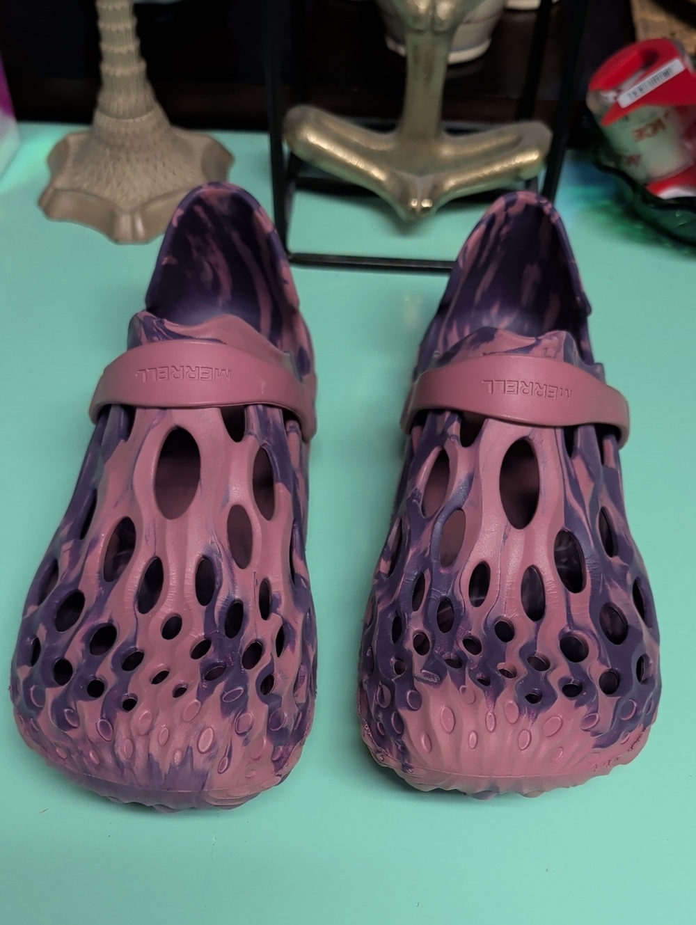 Merrell Pink and Purple Marbled Foam Slip-On Clogs